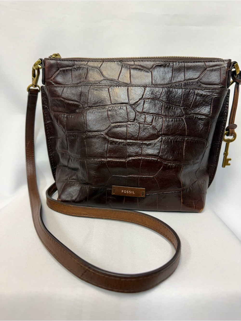 Fossil Brown Croc-Embossed Leather Crossbody Bag